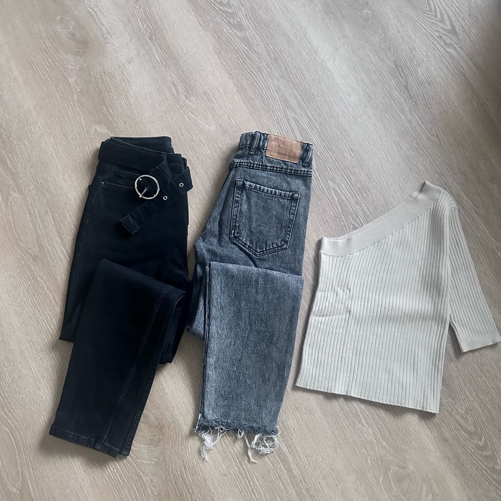Zara Women’s Fall Clothing Bundle Jeans, Ribbed one Shoulder Top XS-S